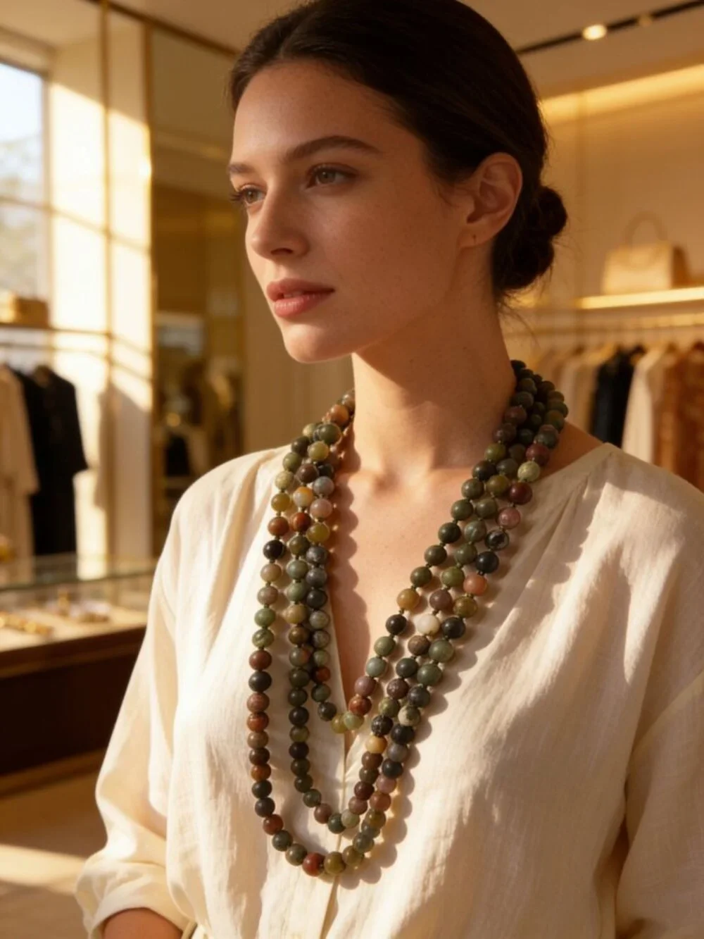 vintage polished natural stone multi-color wrap necklace